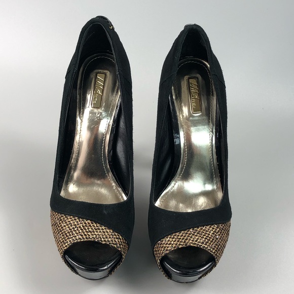 Wild Pair Suede Gold Mesh Peep Toe Heels Size 7.5 - Picture 10 of 15